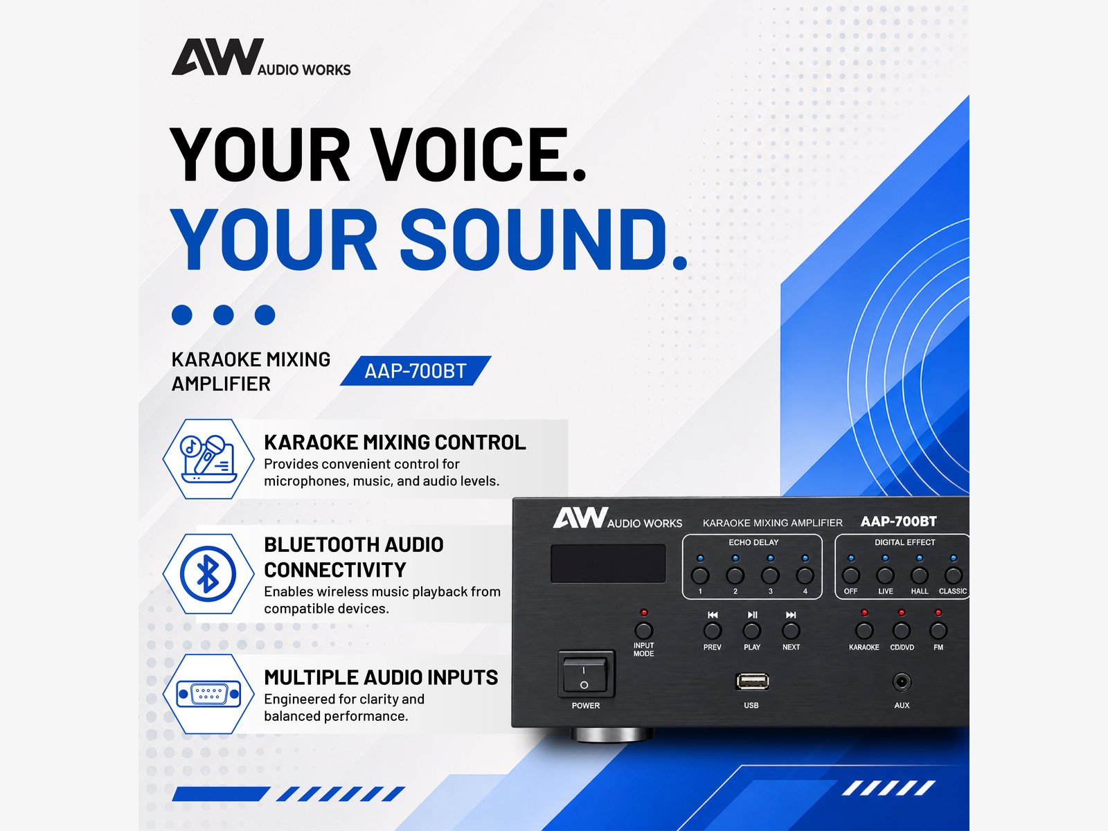 Audio Works AAP-700BT karaoke mixing amplifier feature overview