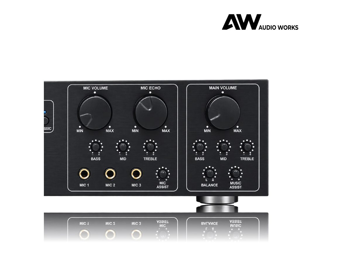 Audio Works AAP-700BT mic volume, echo and main volume controls close-up