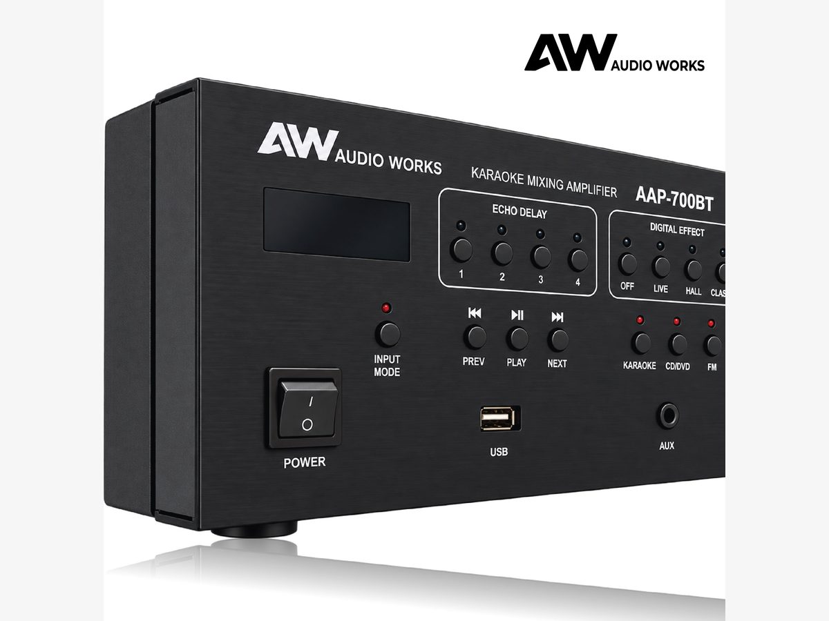 Audio Works AAP-700BT angled front view with power switch, USB and AUX ports