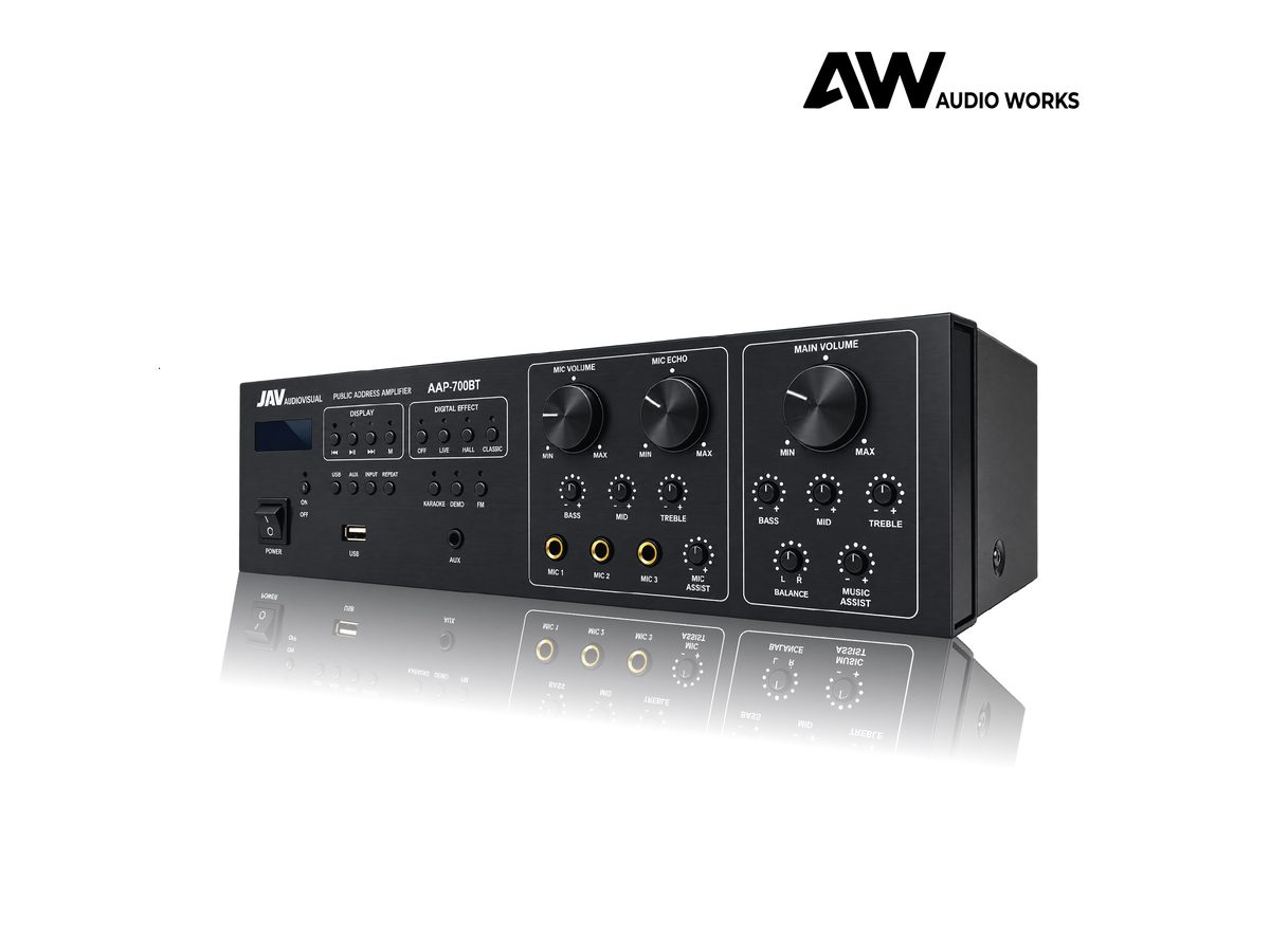 Audio Works AAP-700BT amplifier seen from an angled side view