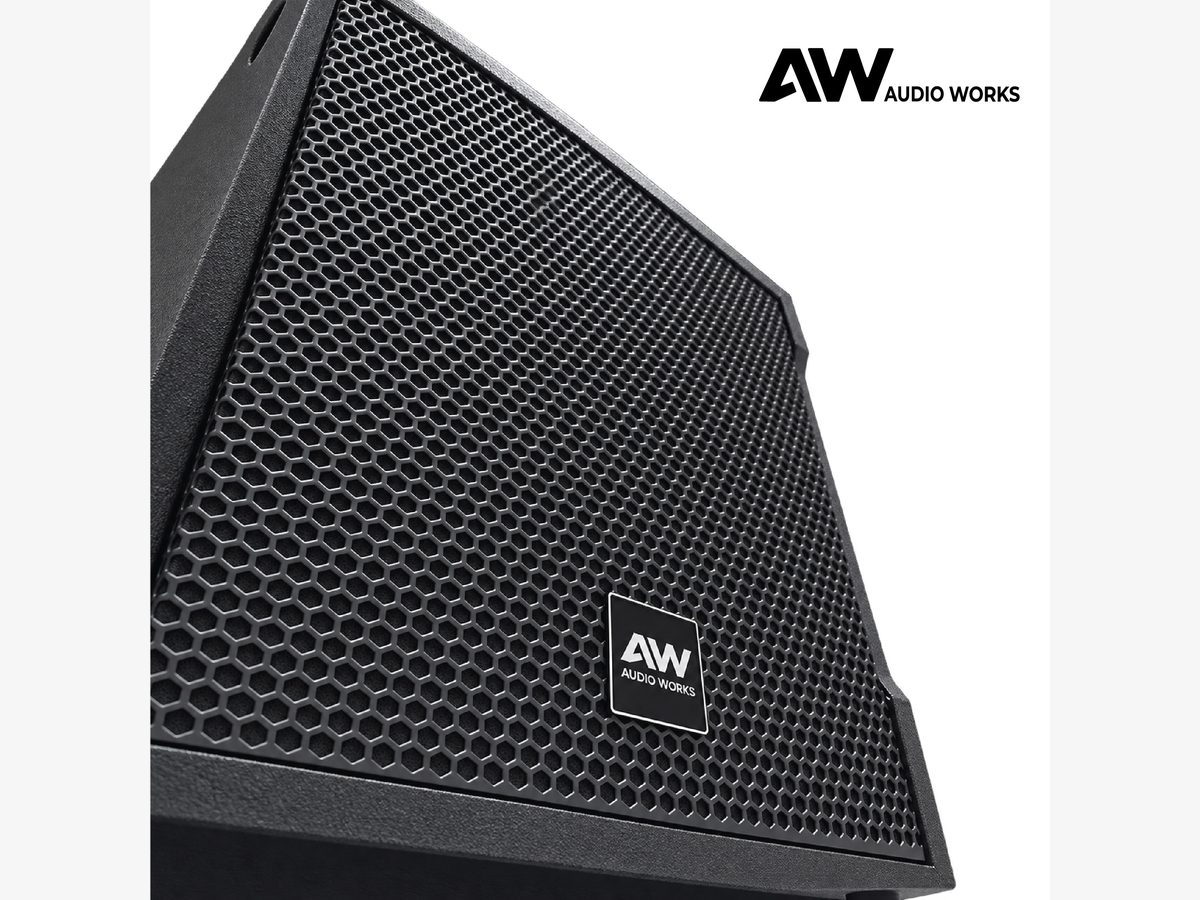Close-up of the Audio Works AAS-350 grille and cabinet corner