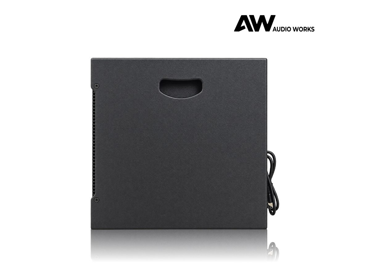 Audio Works AAS-350 subwoofer side view with the recessed carry handle