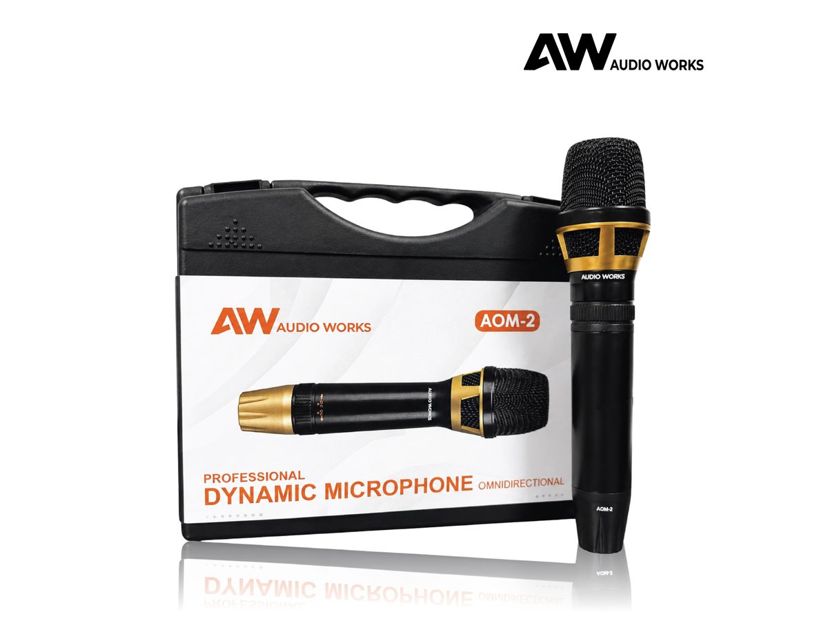 Audio Works AOM-2 microphone beside its hard carry case