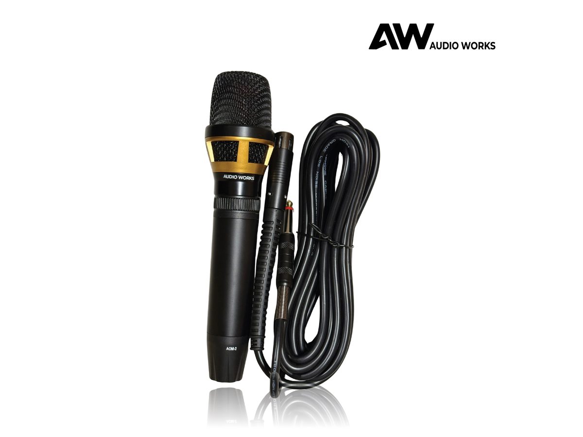 Audio Works AOM-2 microphone with its coiled audio cable