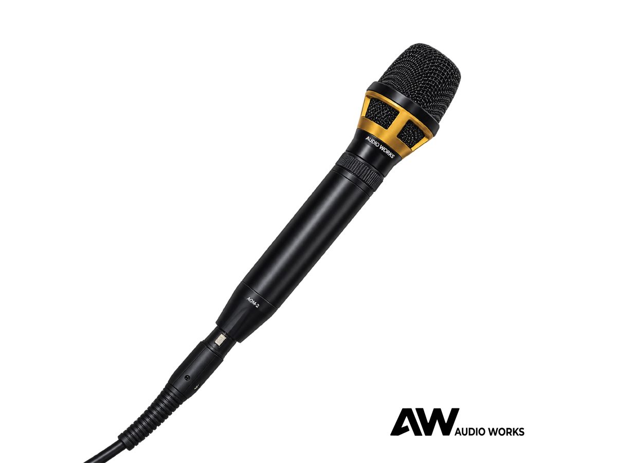 Audio Works AOM-2 microphone with the cable connected, angled view