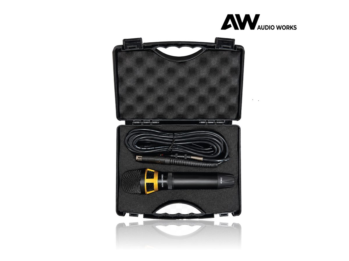 Audio Works AOM-2 microphone and cable seated in the foam-lined carry case