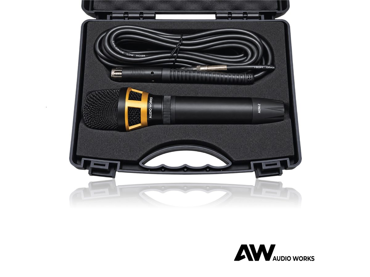 Audio Works AOM-2 carry case open, showing microphone and cable
