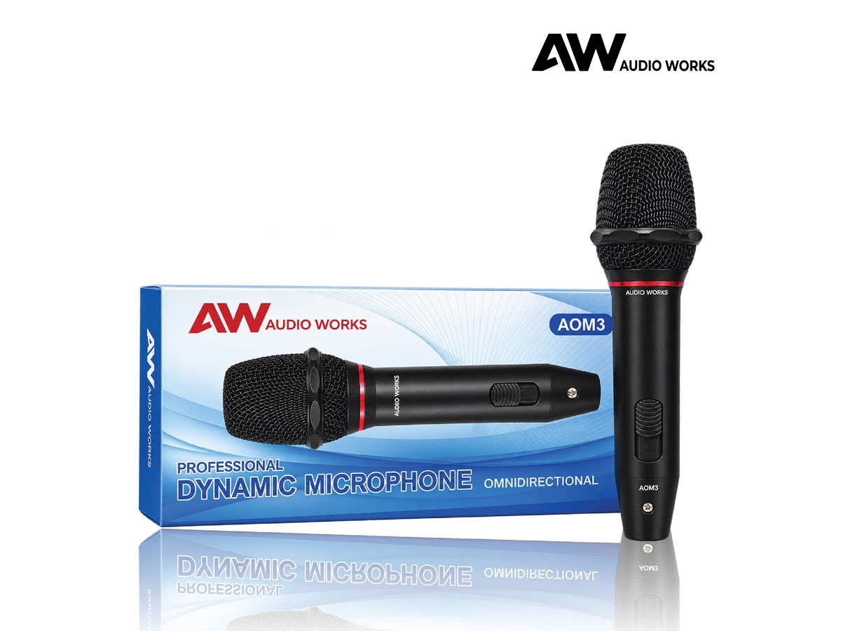 Audio Works AOM-3 microphone beside its retail box