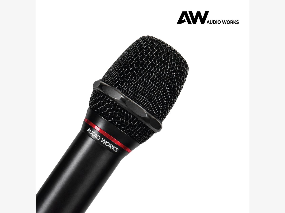 Close-up of the Audio Works AOM-3 steel mesh grille and red trim ring
