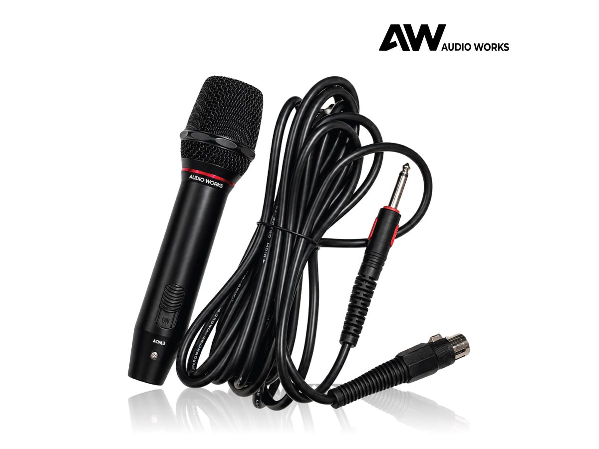 Audio Works AOM-3 microphone with its detachable cable coiled
