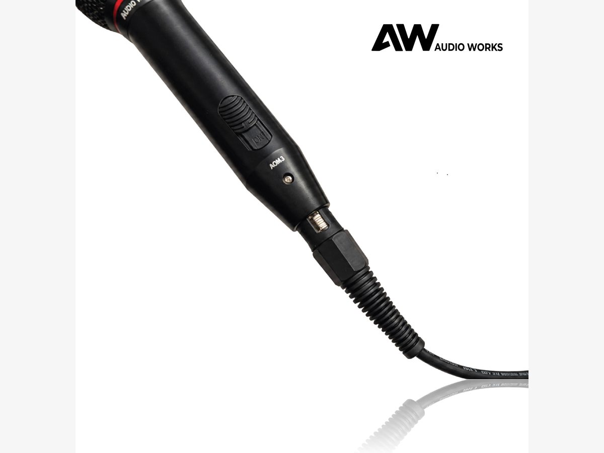 Close-up of the Audio Works AOM-3 handle, switch and cable connector