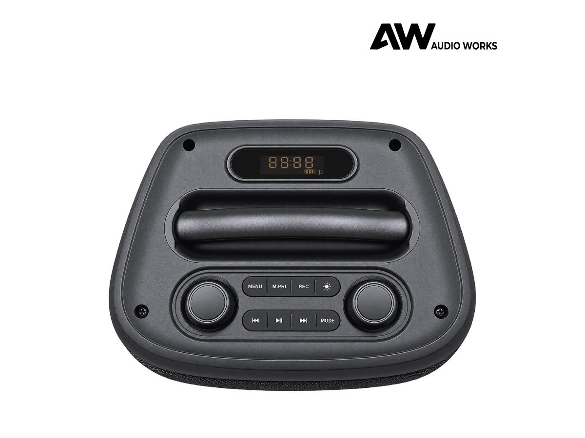 Audio Works APPB-60L party box with the wireless microphone in its cradle