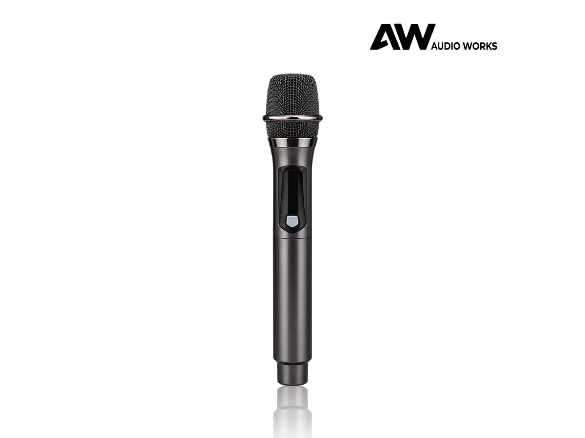Audio Works APPB-60L party box with the wireless microphone in its cradle, angled view