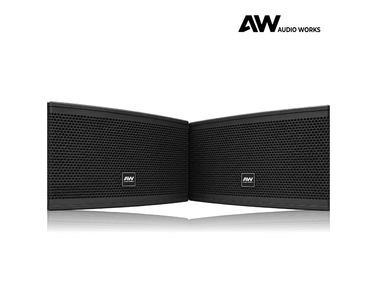 Pair of Audio Works APS-200 speakers, angled front view