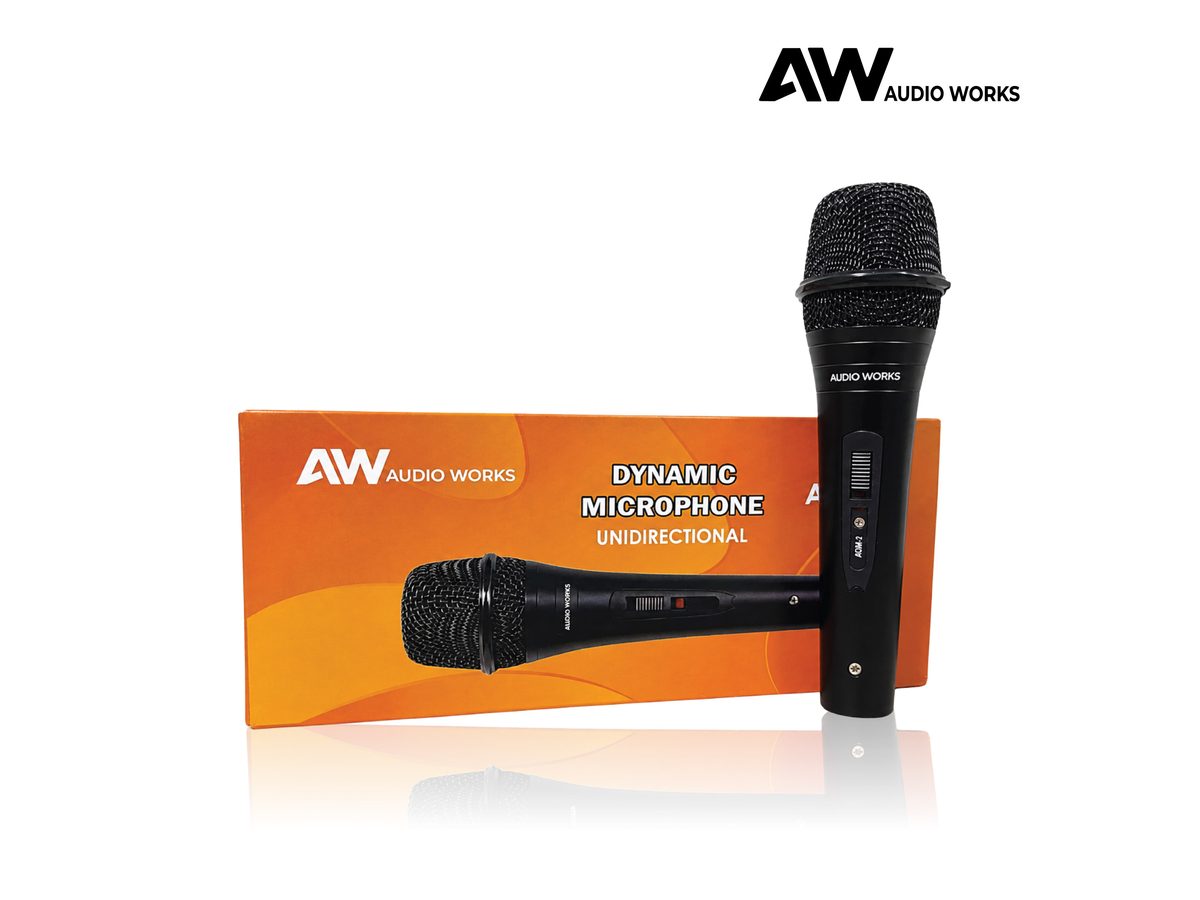 Audio Works AUM-1 microphone beside its retail box