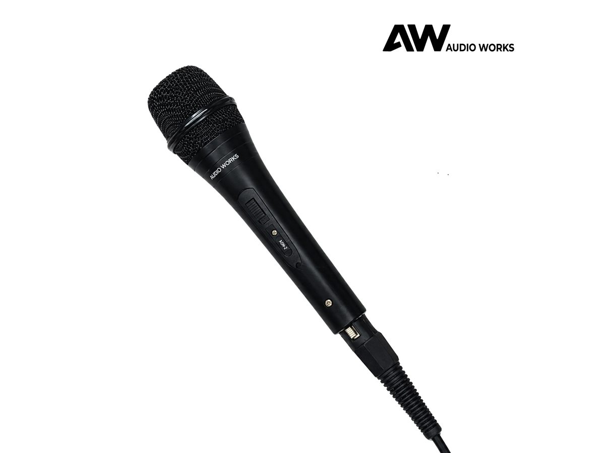 Audio Works AUM-1 microphone with cable attached, angled view