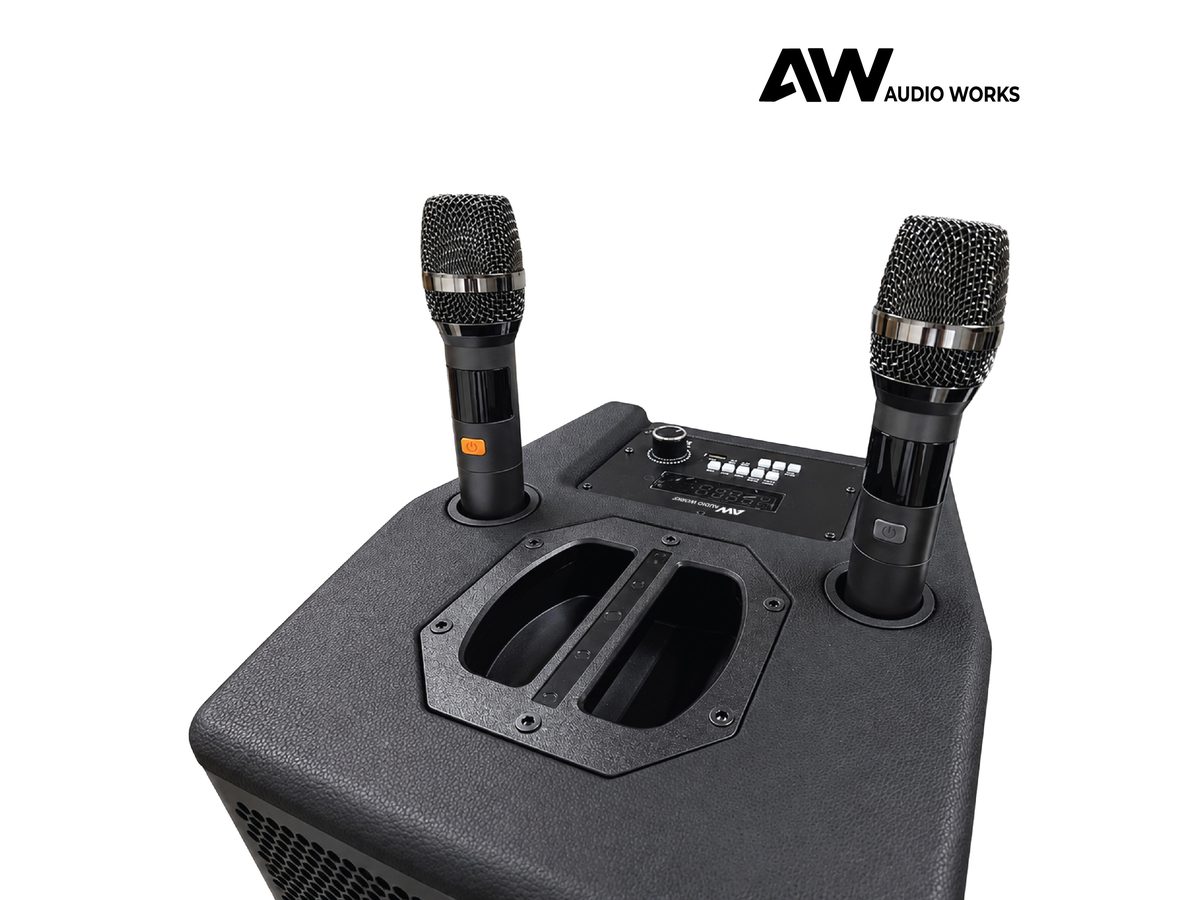 Audio Works AWPB-150A party box with microphones in their cradles, angled view