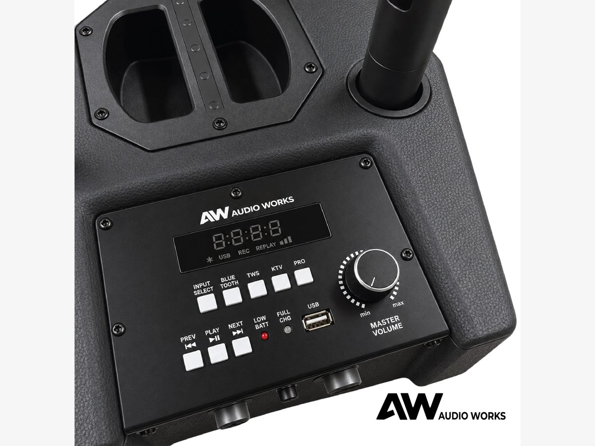 Close-up of the Audio Works AWPB-150A top control panel with display and master volume