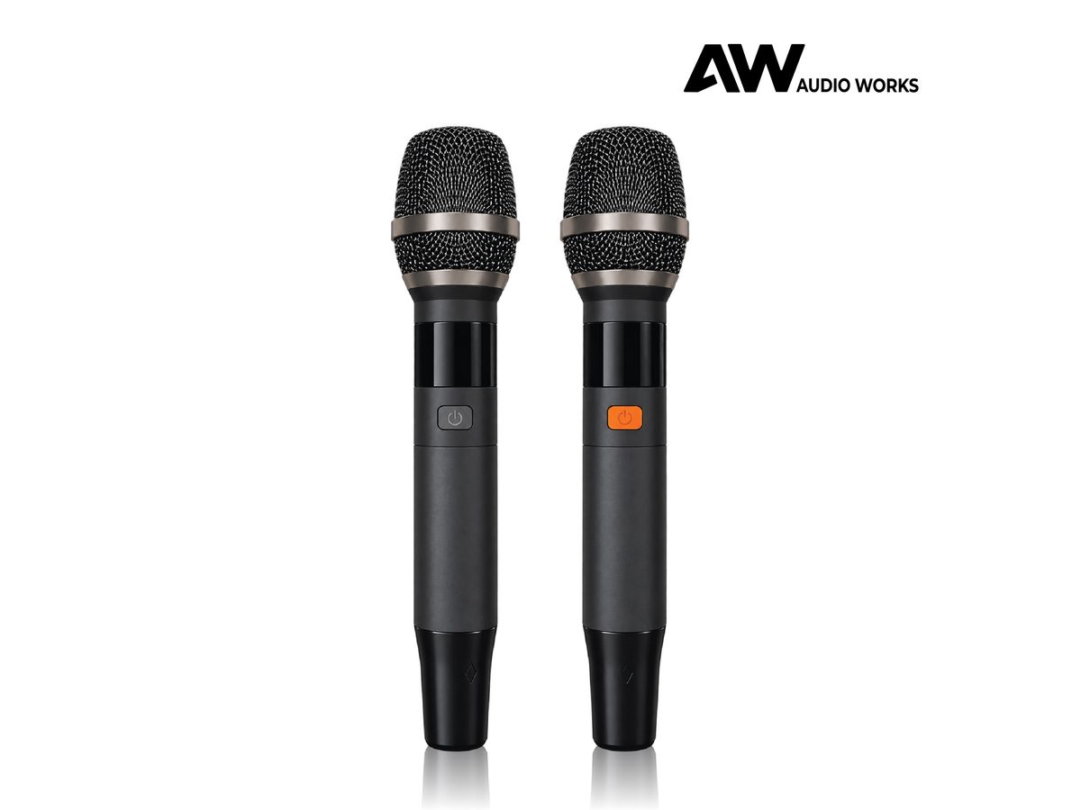 The two Audio Works AWPB-150A wireless microphones