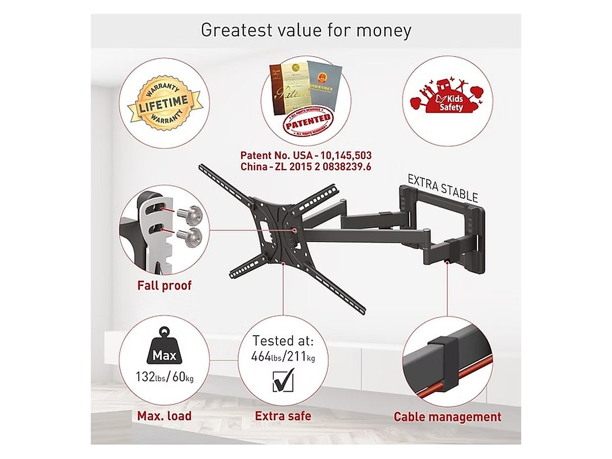 Barkan BM464L Full Motion Long Dual Arm TV Wall Mount, view 3