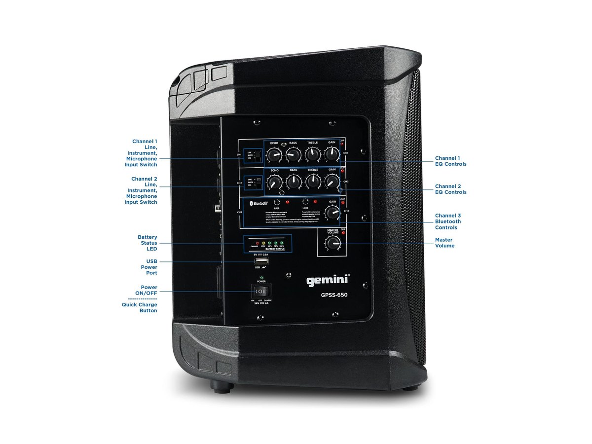 Gemini Sound GPSS-650 Portable Bluetooth PA Speaker, view 2